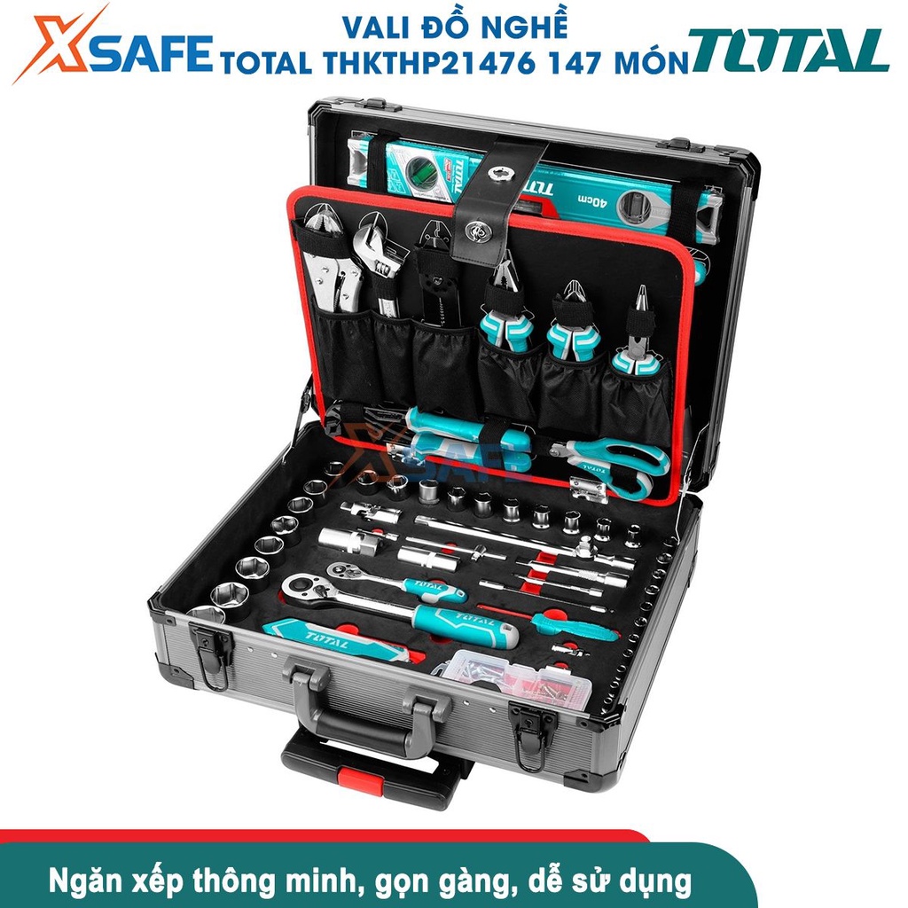 Vali kim loại di động đựng đồ nghề khóa sắt Total THKTHP21476 147 chi tiết, bộ đồ nghề đa năng 4 ngăn đầy đủ - XSAFE