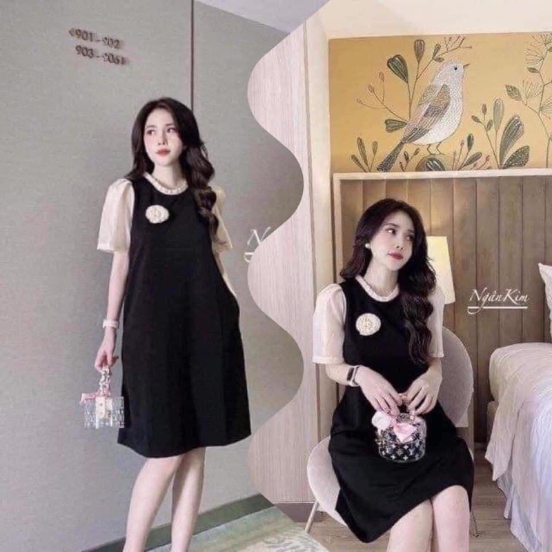 ĐẦM ĐŨI -Váy dáng suông có túi đính hoa ngực chất đũi xước dày dặn