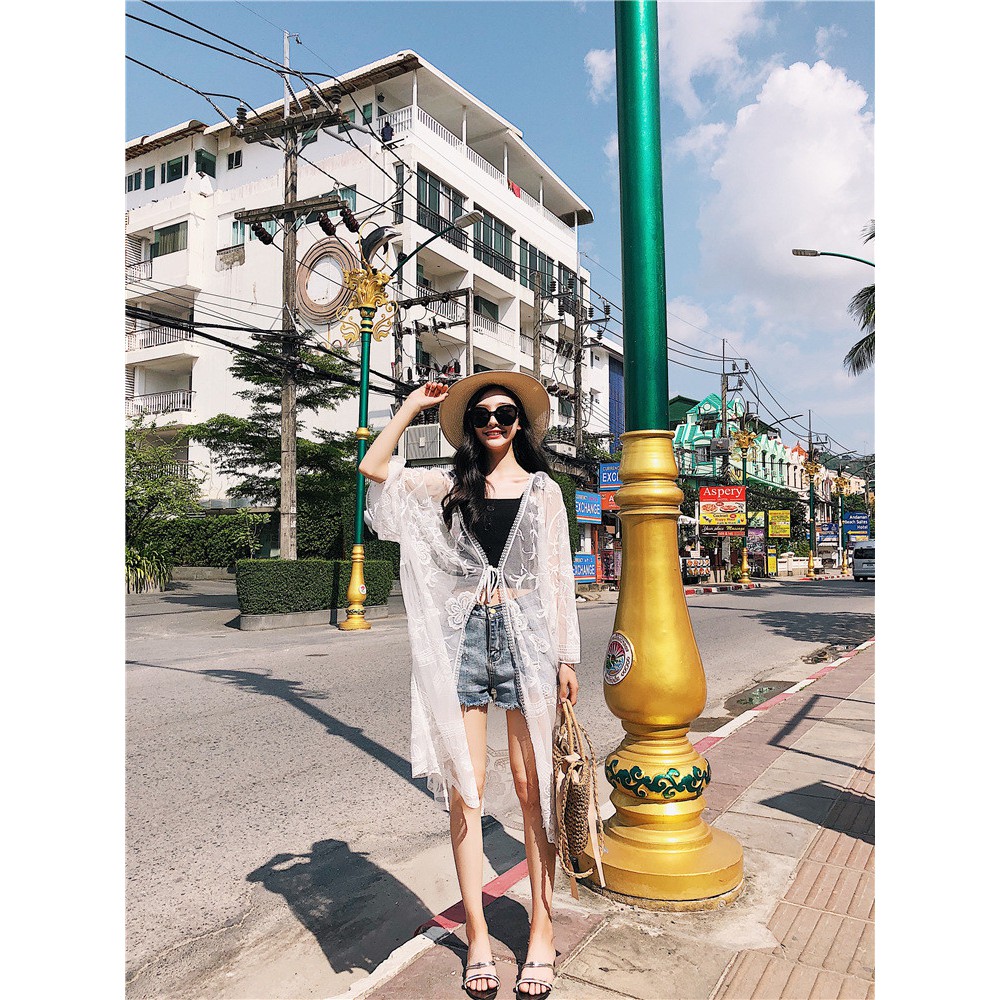 Áo choàng đi biển cho nữ, kimono kín đáo