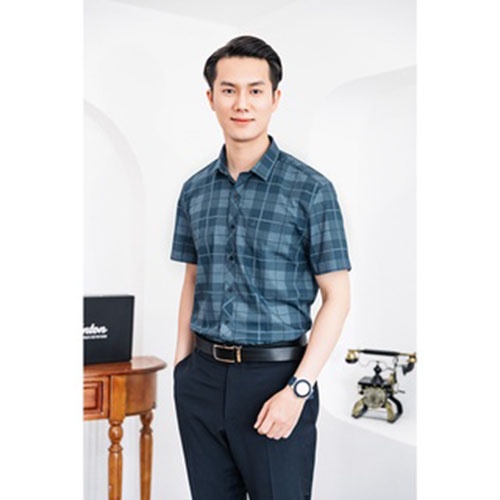Áo Sơ Mi Nam Công Sở Trung Niên Anton Ngắn Tay Màu Xanh Than Vải Sợi Tre Thoáng Mát - XNC130