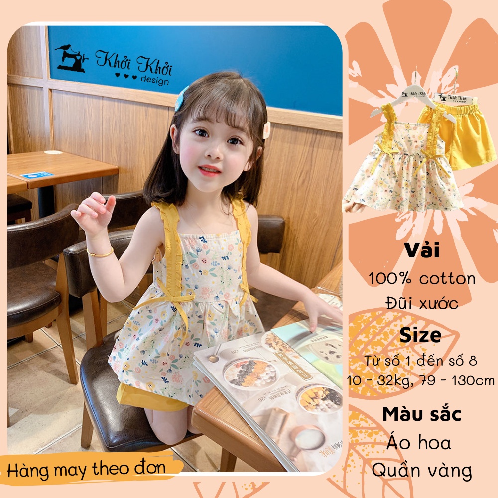 Quần áo trẻ em mùa hè mới 2021 quần lửng hoa hai mảnh kết hợp áo hai dây không tay