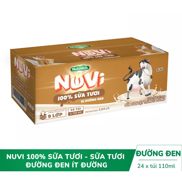 [CÓ THẺ ĐỔI QUÀ] Thùng 24 túi NuVi 100% Sữa Tươi – Sữa Tươi Tiệt Trùng Ít Đường Vị Đường Đen Túi NuVi Power 110 ml - YSM