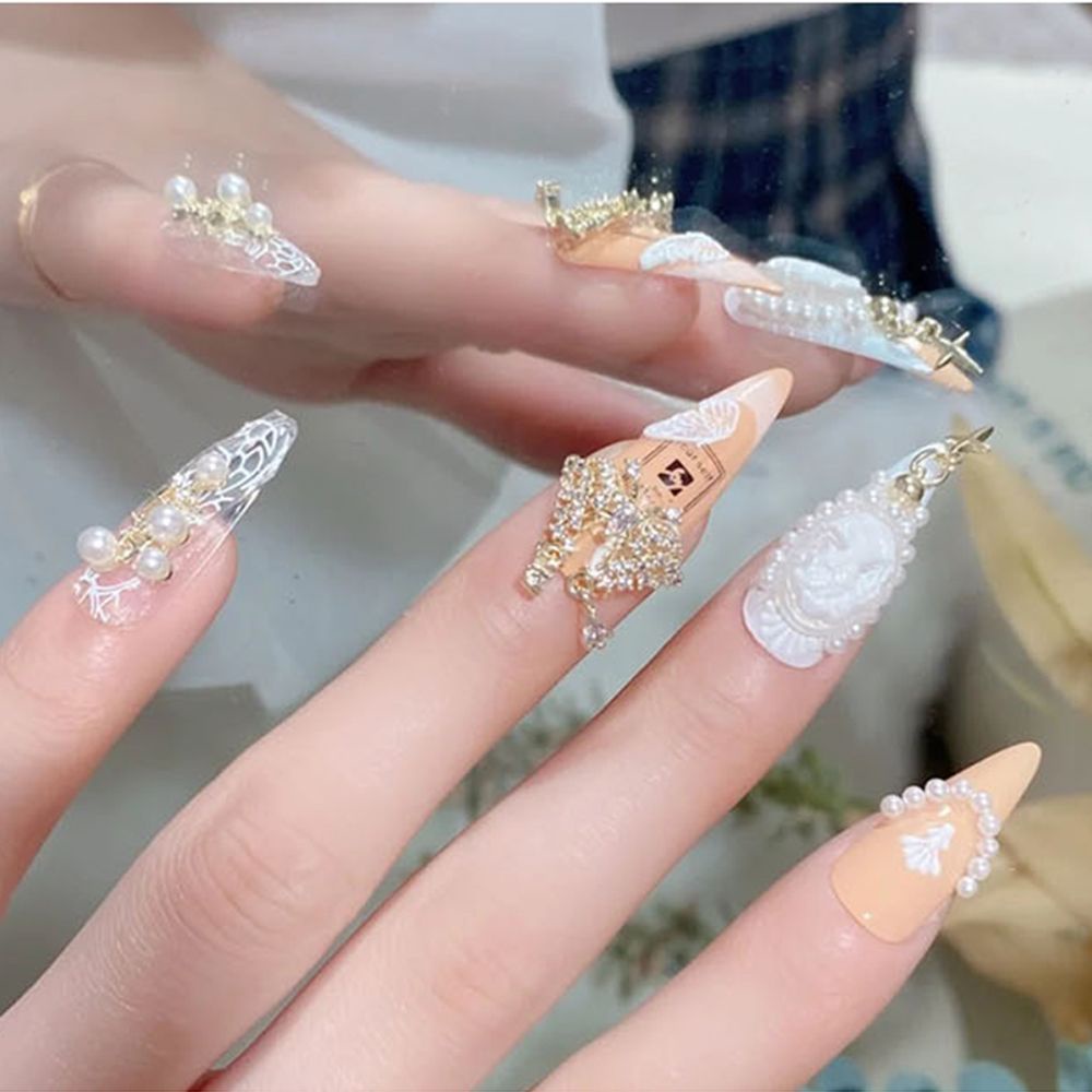 [Hàng mới về] Phụ kiện trang trí móng tay hình nơ/trái tim 3d bằng hợp kim/ngọc trai giả sang trọng