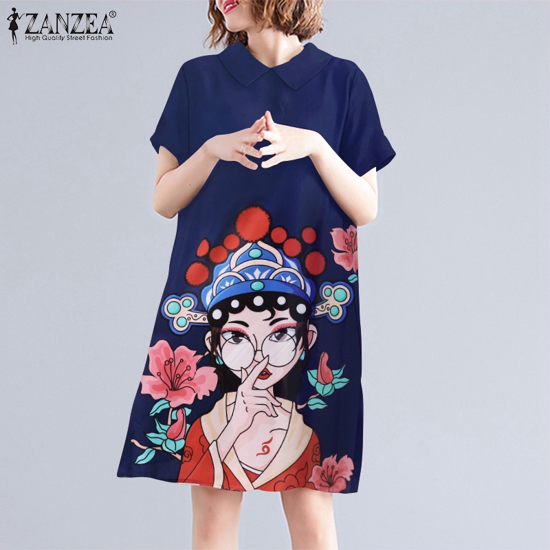 Đầm midi ZANZEA tay ngắn cổ búp bê họa tiết trang điểm đóng kịch phong cách đường phố cho nữ