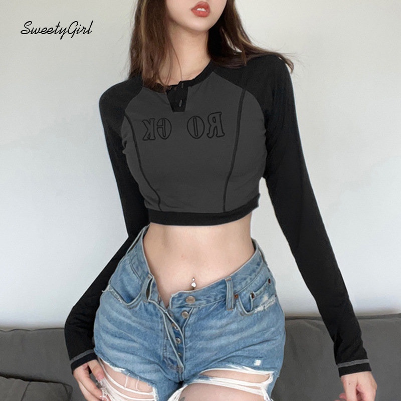 Áo Thun Tay Dài Cổ Tròn In Chữ Phối Màu Tương Phản Thời Trang 2022 Quyến Rũ Cho Nữ