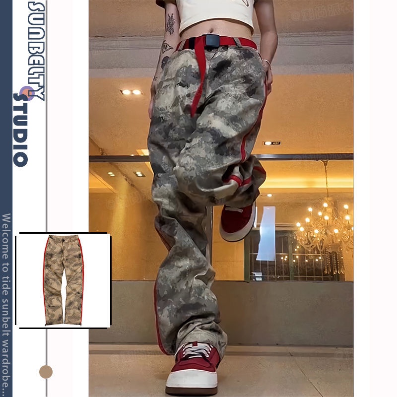 Quần Dài Ống Rộng Họa Tiết Rằn Ri Phối Khóa Kéo Phong Cách Retro Cá Tính