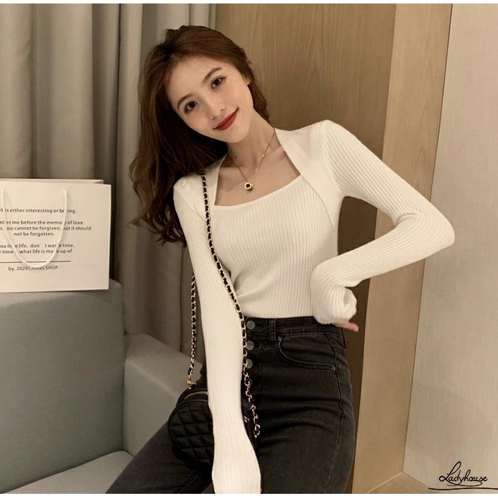 Áo Dệt Kim Tay Dài Cổ Vuông Màu Trơn Thời Trang Cho Nữ