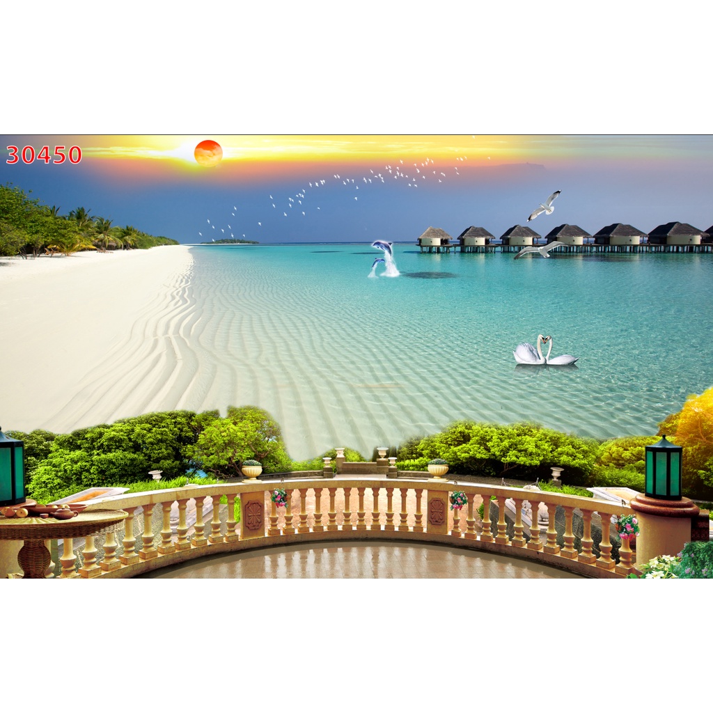 Tranh dán tường 3d phòng khách phong cảnh biển chất liệu PP keo dán sẵn