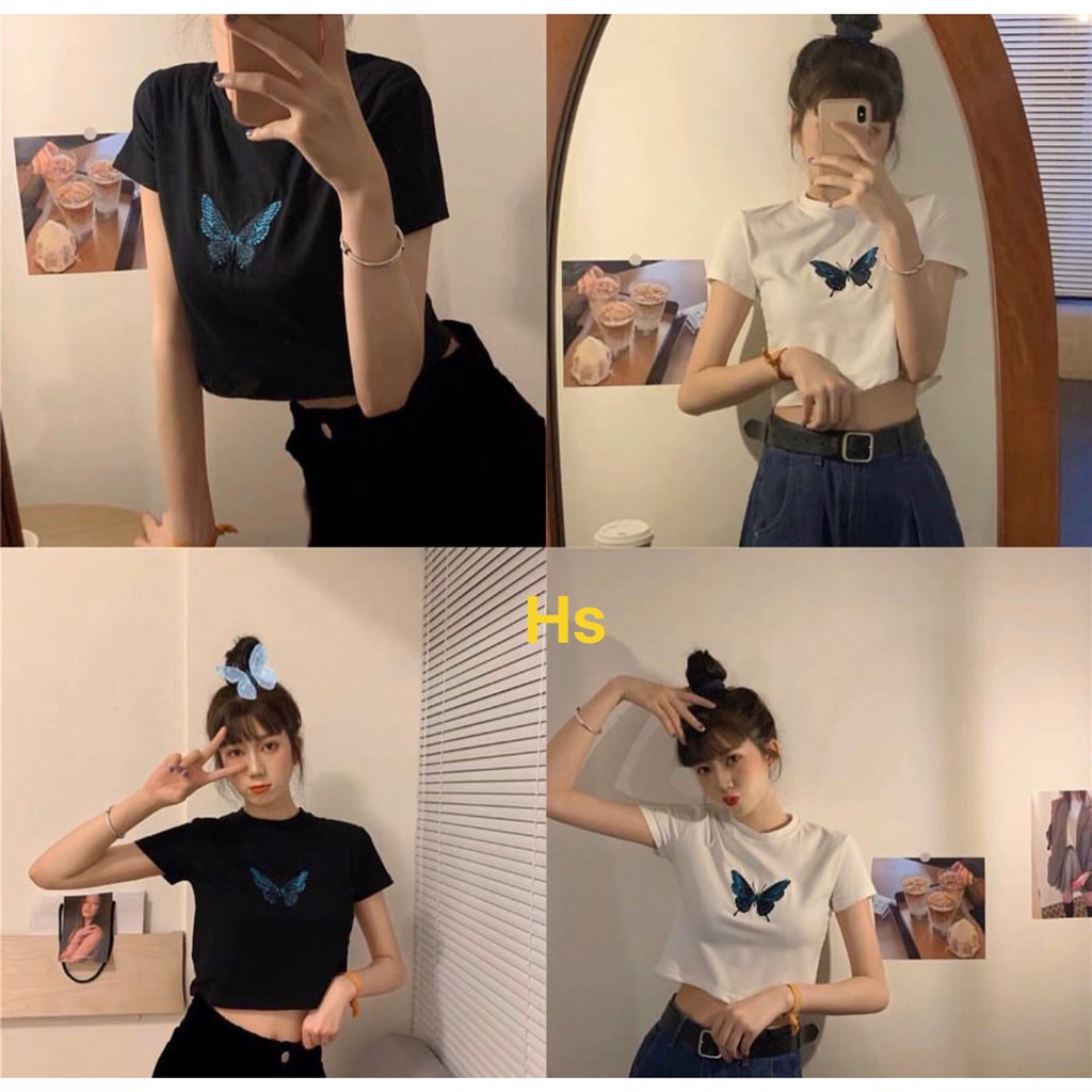 [ Mã WASTAPR giảm 10K đơn 50K] Áo Croptop áo phông Cộc tay body Thêu Bướm hsu | BigBuy360 - bigbuy360.vn