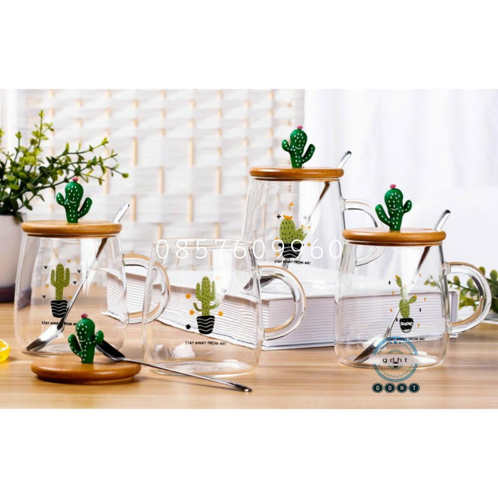 [ kèm feedback ] Cốc thủy tinh chịu nhiệt kèm nắp đậy tạo hình cute  và thìa - ly thuỷ tinh chịu nhiệt uống trà,cafe,...