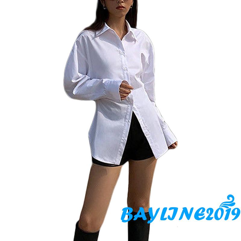 Áo Sơ Mi Dài Tay Cổ Bẻ Cài Nút Màu Trơn Ôm Eo Cho Nữ