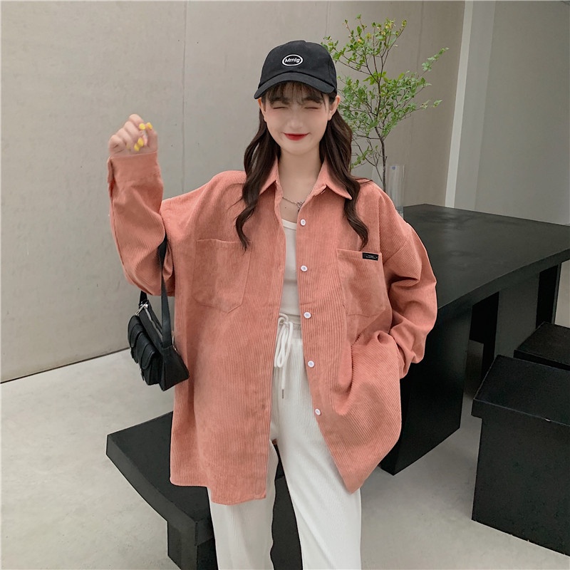 Áo khoác SUXI vải nhung tăm dáng rộng màu trơn retro Hàn Quốc cho nữ