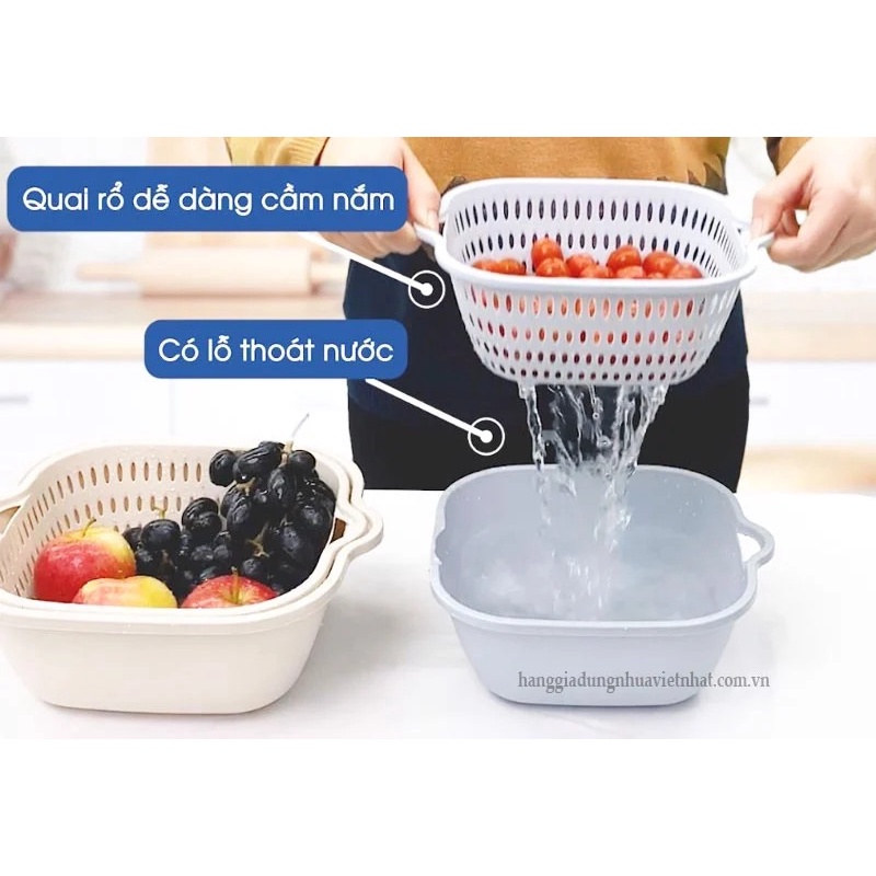 Bộ rổ nhựa kèm chậu 2 lớp vuông nhựa Việt Nhật Cao Cấp