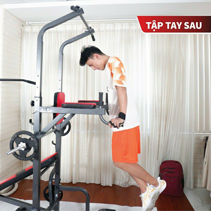 Ghế tập tạ đa năng xà đơn xà kép Hoàng Đức Sport kèm đòn tạ dài 1.5m.50kg tạ gang xuki 0968417433