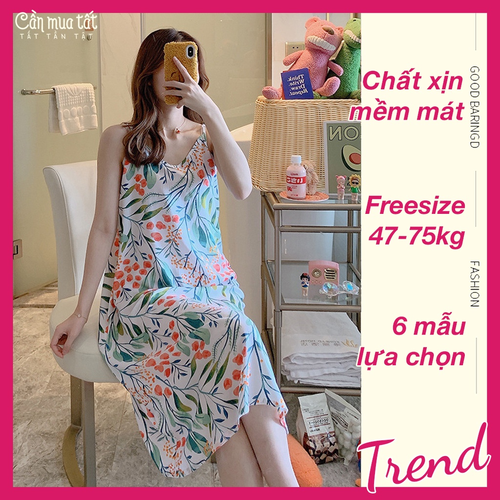 Váy ngủ hai dây nữ cổ V freesize, đầm bầu đẹp chất lanh lụa cotton nhẹ mềm mát