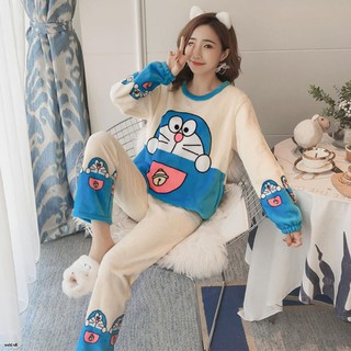 Bộ Đồ Ngủ Chất Nhung Họa Tiết Doraemon Phong Cách Quân Đội Thời Trang Thu Đông Cho Nữ