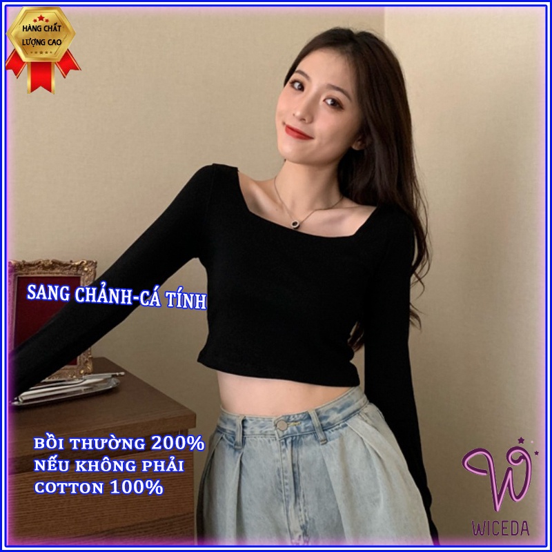 Áo croptop tay dài cổ vuông ôm body đẹp , áo thun kiểu xinh chất cotton mềm mịn 2 màu đen trắng Wiceda 311