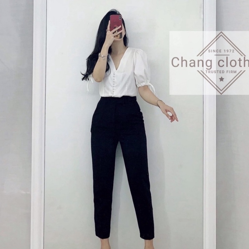 Quần tây nữ công sở lưng cao ống đứng dáng dài có đai co dãn nhẹ chất vải mềm đen Quần vải baggy nữ cạp cao đi học sinh