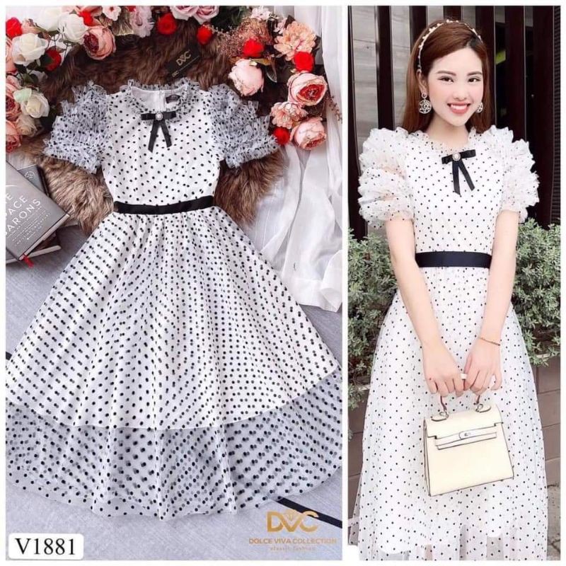 [VÁY ĐI TIỆC CAO CẤP] Váy xòe chấm bi trắng tay bồng | BigBuy360 - bigbuy360.vn