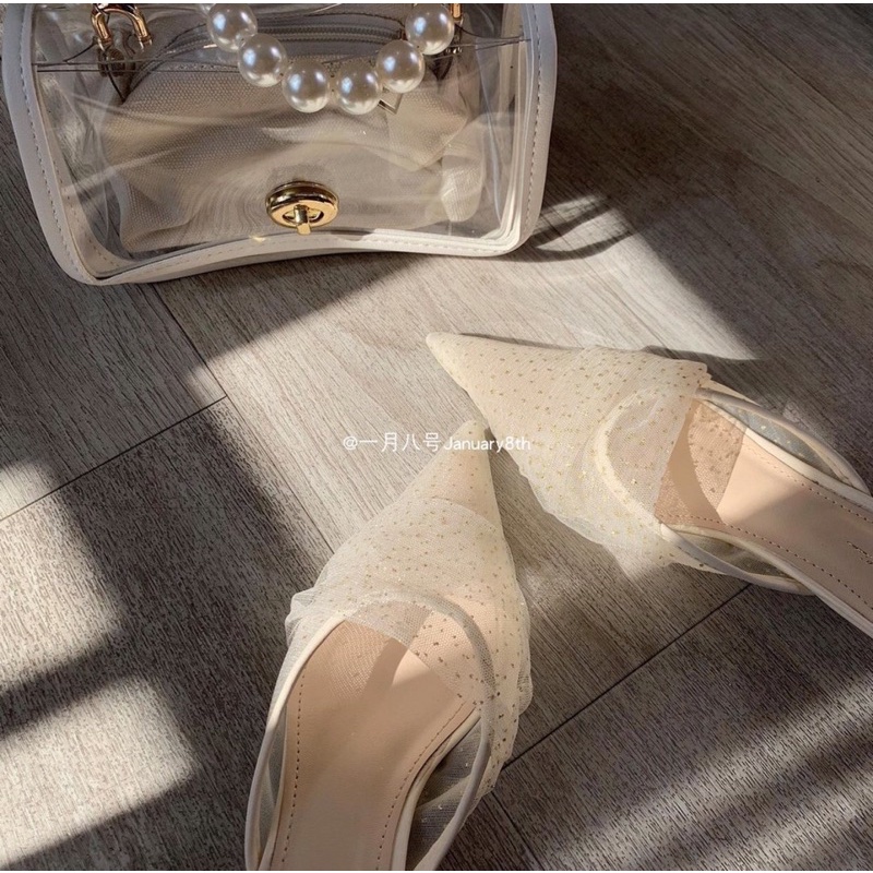 Giày guốc cao gót sandal xăng đan nữ voan chấm bi mũi nhọn