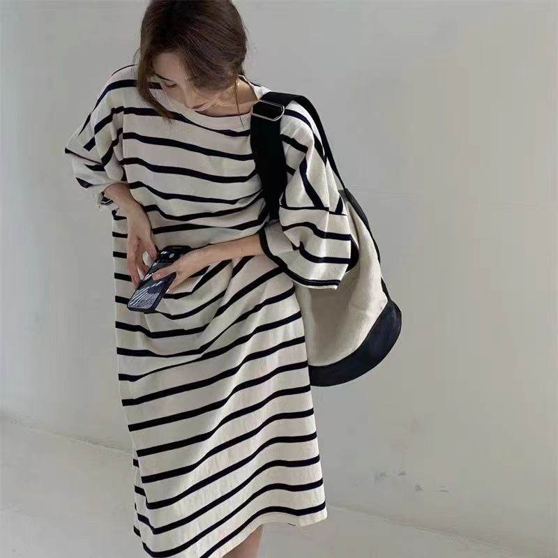 Đầm Thun Cotton Dáng Suông Tay Ngắn Kẻ Sọc Trắng Đen Thời Trang Thu Đông Cho Mẹ Bầu