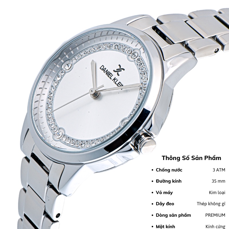 Đồng hồ nữ Daniel Klein Watch DK.1.12800 mặt nhỏ đính đá, kính cứng chống xước, chống nước, dây thép đeo tay cao cấp
