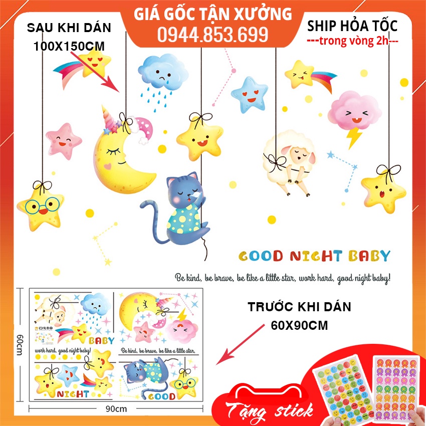 Tran đề can dán tường cho bé, decal dán tường cho bé good night trang trí phòng ngủ
