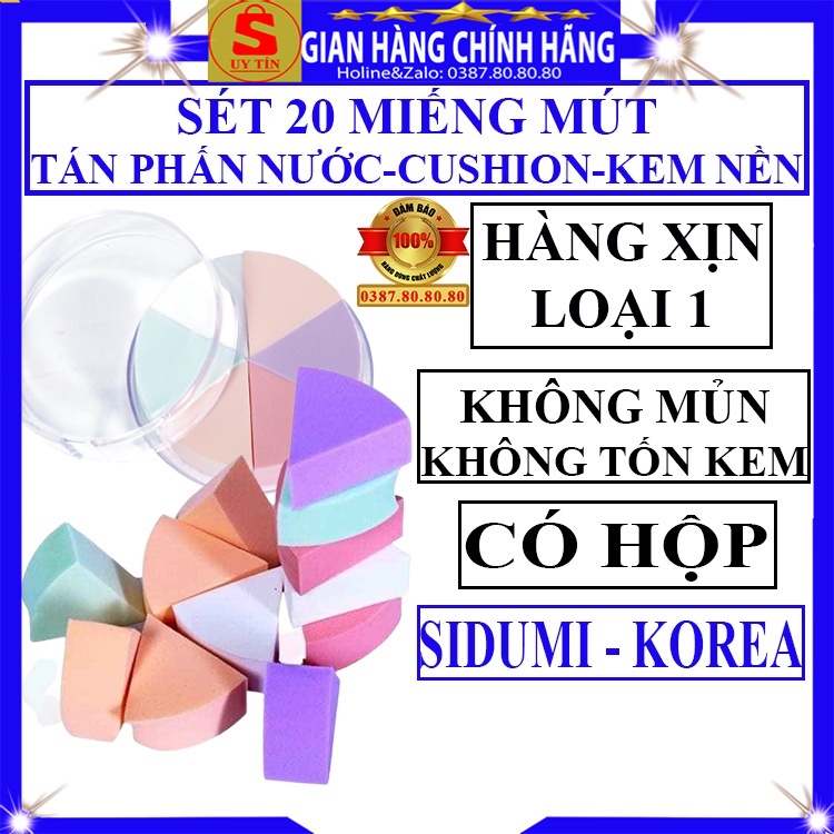 Set 20 miếng bông mút trang điểm tam giác đánh tán cushion phấn nước kem nền bb cc cream chính hãng Sidumi hàn quốc xịn