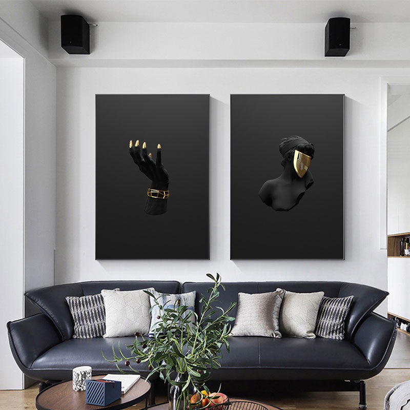 Tranh Vải Bạt Treo Tường In Hình Hươu Mặt Nạ Vàng Đen Sáng Tạo Hiện Đại Trang Trí Phòng Ngủ