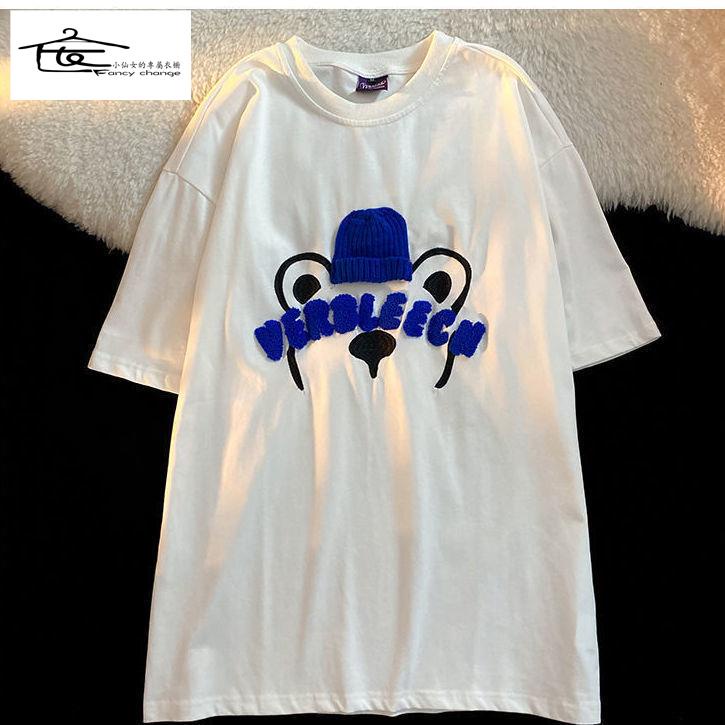 Áo Thun Ngắn Tay Dáng Rộng Thêu Hình Gấu Kiểu Hàn Quốc Thời Trang Mùa Hè Cho Các Cặp Đôi