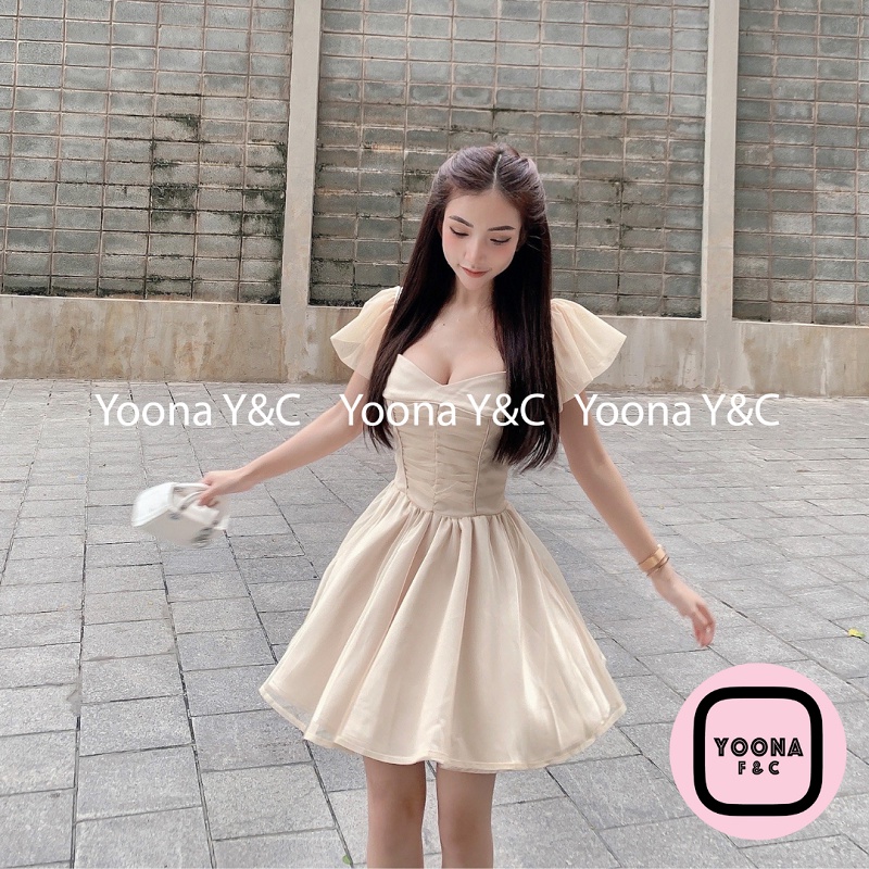 Váy Cúp Ngực Ngắn Tay Gấm Xốp Dáng Xòe Thiết Kế Sexy Hai Lớp Thời Trang Cao Cấp Siêu Tôn Dáng Cho Nàng Khi Mặc