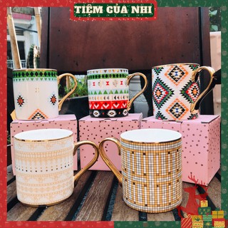 Ly sứ cốc sứ khảm đá màu vàng cao cấp, thổ cẩm có quai cầm phong cách bắc âu quà lưu niệm 350ml Tiệm Của Nhi LS02-03