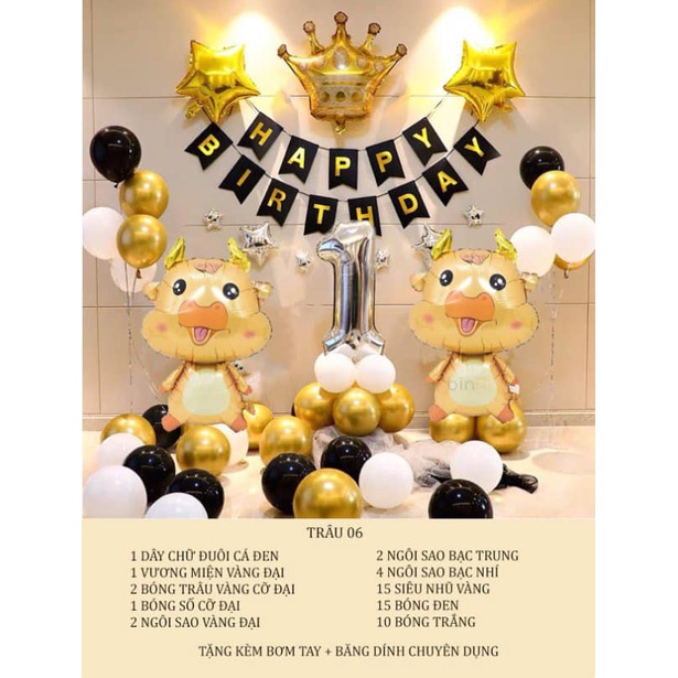 Combo Set Trang Trí Sinh Nhật Siêu Đẹp Tone Vàng Đầy Đủ Đồ Dành Cho Bé Trai Bé Gái Tuổi Trâu Vàng BZ03- TRAU06