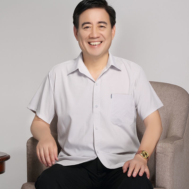 Áo sơ mi trung niên ngắn tay nam mỏng phù hợp với bố mùa hèBố trung niên và cao tuổi áo sơ mi ngắn tay lụa băng cho nam