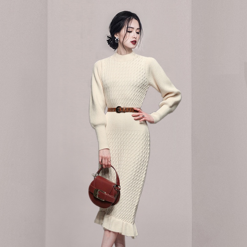 Đầm dệt kim cổ cao tay phồng thời trang thu đông cho nữ