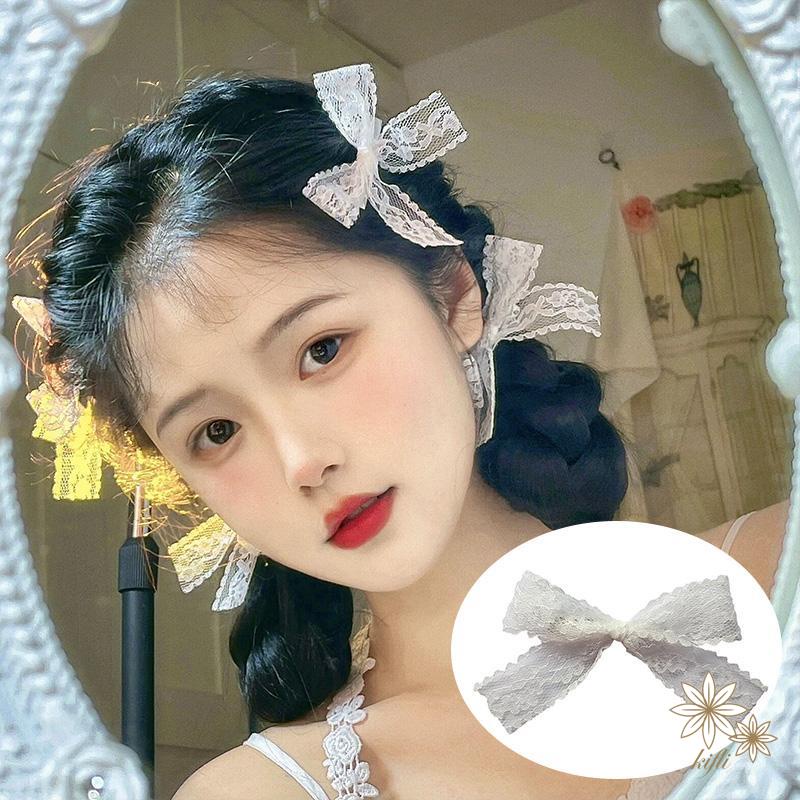 Kẹp tóc thắt nơ bằng vải ren màu trắng đơn giản dễ thương dành cho nữ