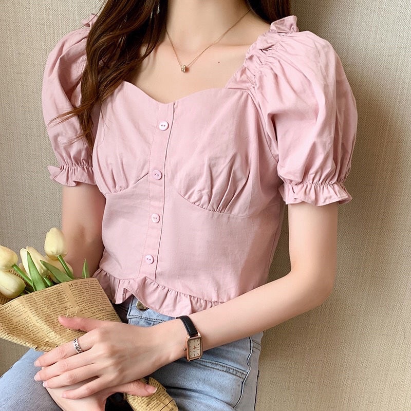 Áo Croptop nữ tay ngắn phối bèo nhún phong cách Hàn Quốc mã QD095