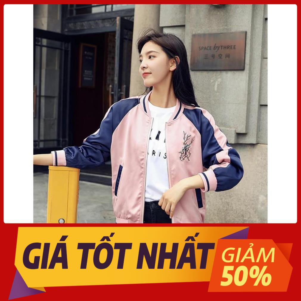 Áo Khoác Dù Bomber Dây Kéo KD14 Thêu Hoa Anh Đào, Form Hàn Quốc Unisex Cho Nam Nữ_Freesize Dưới 60kg