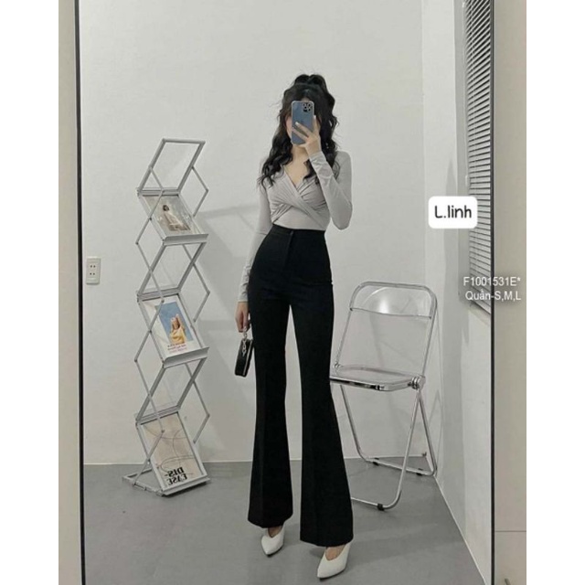 Quần đen dài ống loe lưng cao 1 nút 1001