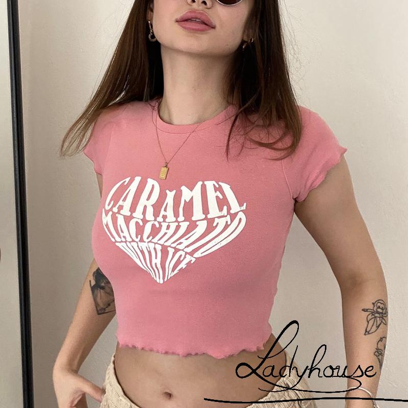 Áo Croptop Cổ Tròn Tay Ngắn In Chữ Thời Trang Mùa Hè Dành Cho Nữ