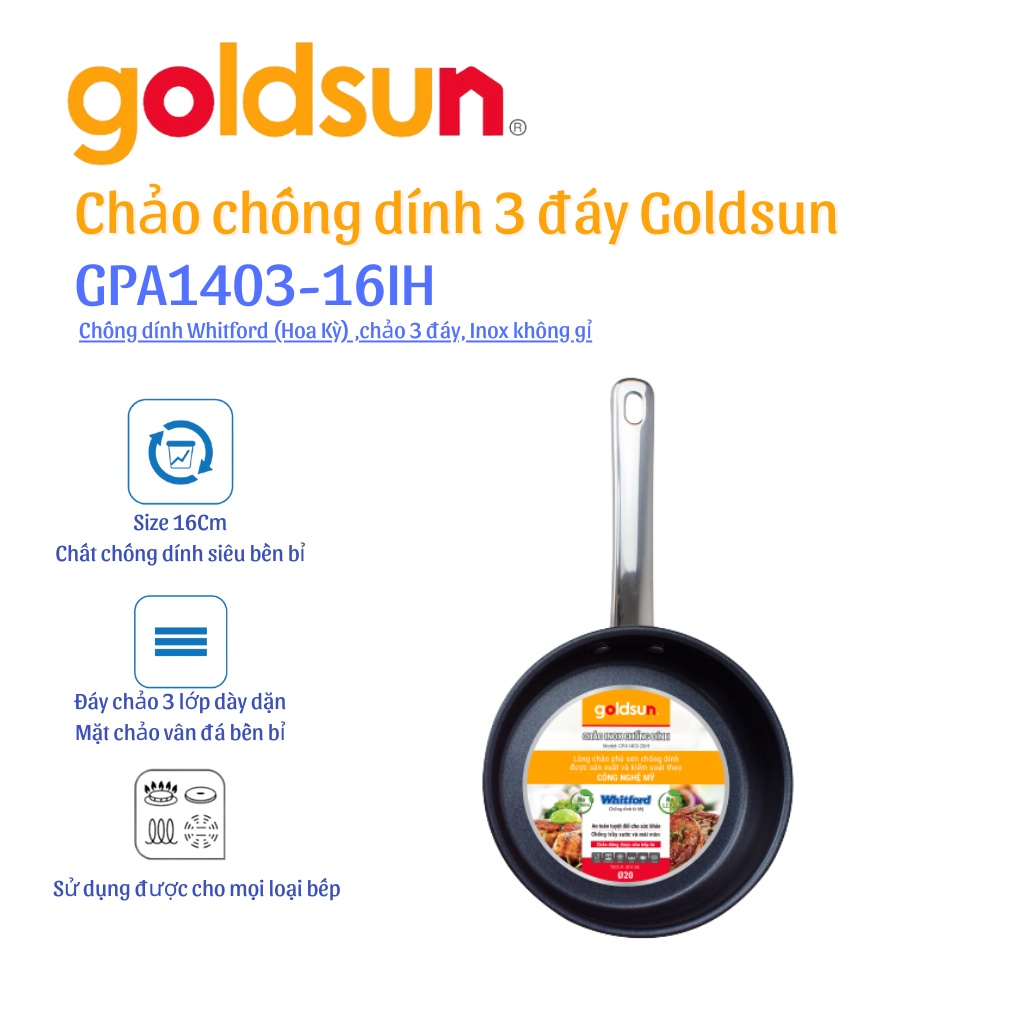 [Mã BMBAU50 giảm 7% đơn 99K] Chảo inox chống dính Goldsun GPA1403-16IH 16cm - Hàng chính hãng