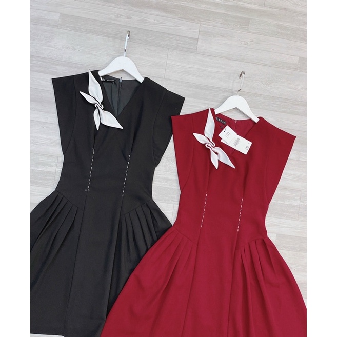 váy cổ nơ li sườn chạy chỉ bo eo dáng xoè siêu xinh