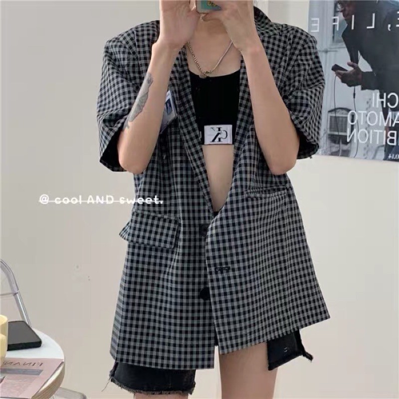 Áo khoác blazer ngắn tay ulzzang kẻ sọc caro fashion 2021 Áo khoác vest ulzzang ngắn tay