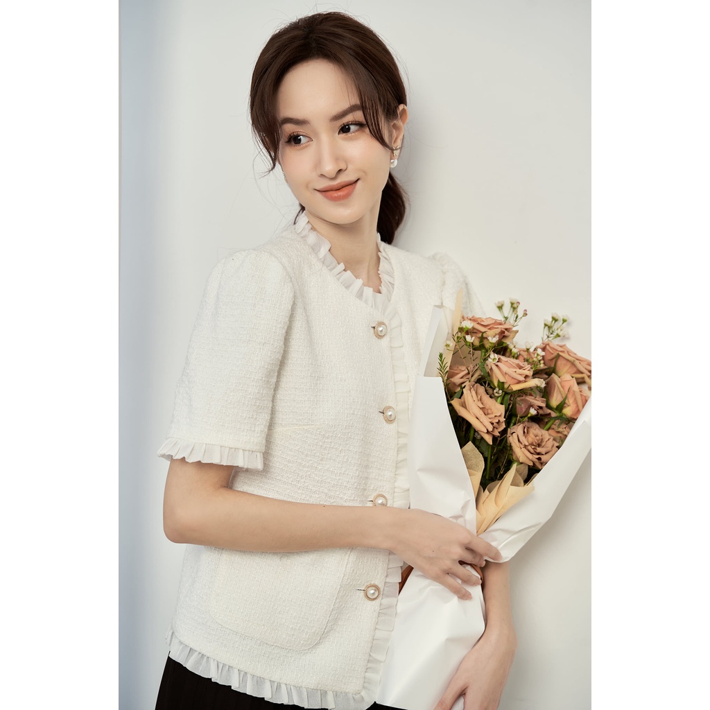 Áo dạ tweed cộc tay viền bèo 2 túi TIINSTORE ADK241