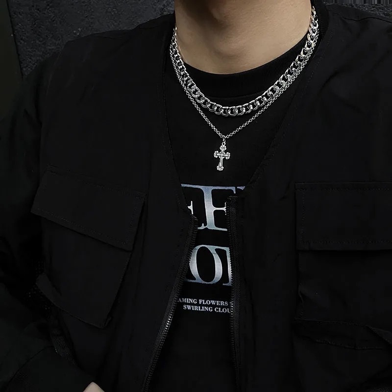 Vòng Cổ Hai Lớp Mặt Chữ Thập Phong Cách hip hop Âu Mỹ Mới Dành Cho Nam Nữ