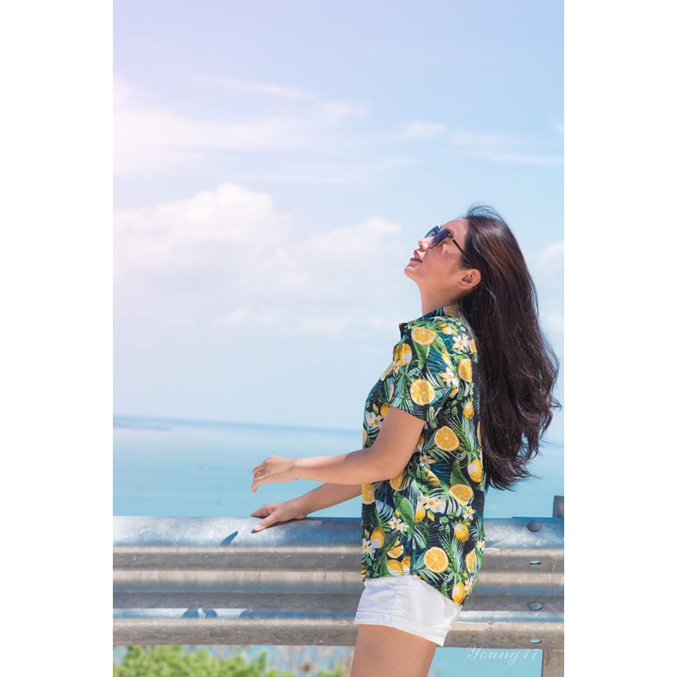 Áo Sơ Mi Hawaii Chanh Trắng/ Đen