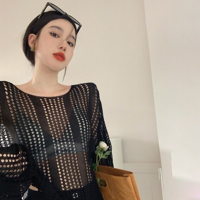 Áo Dệt Kim Nữ Tay Dài Cổ Tròn Màu Sắc Thanh Lịch