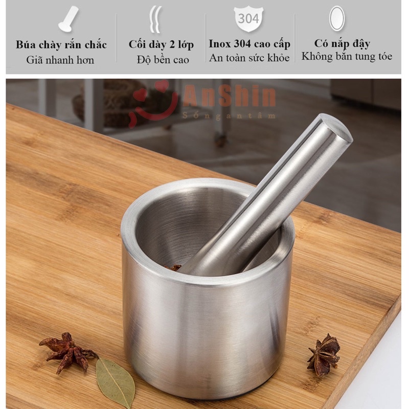 Cối chày Inox 304 cao cấp hàng đúc liền khối không vết hàn (dáng trụ thẳng)