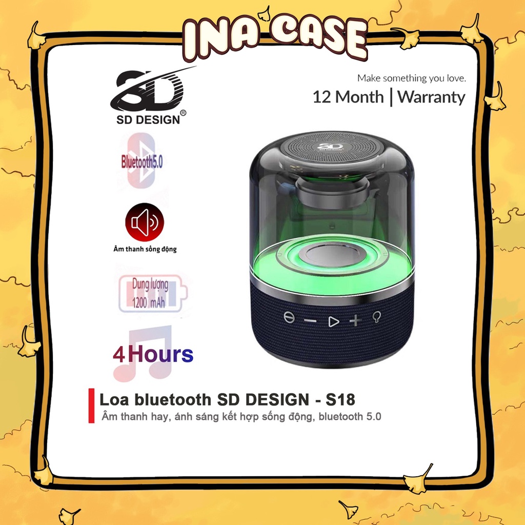Loa Bluetooth Không Dây 1200mAh 8W S18 Chính Hãng SD Design Nghe Nhạc Hay Đèn Led Sống Động Hỗ Trợ Cắm Thẻ Nhớ Và Usb