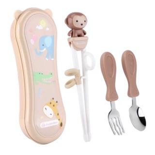 Bộ đũa muỗng nĩa tập ăn cho bé Goryeo Baby màu nâu hình khỉ bé trai bé gái